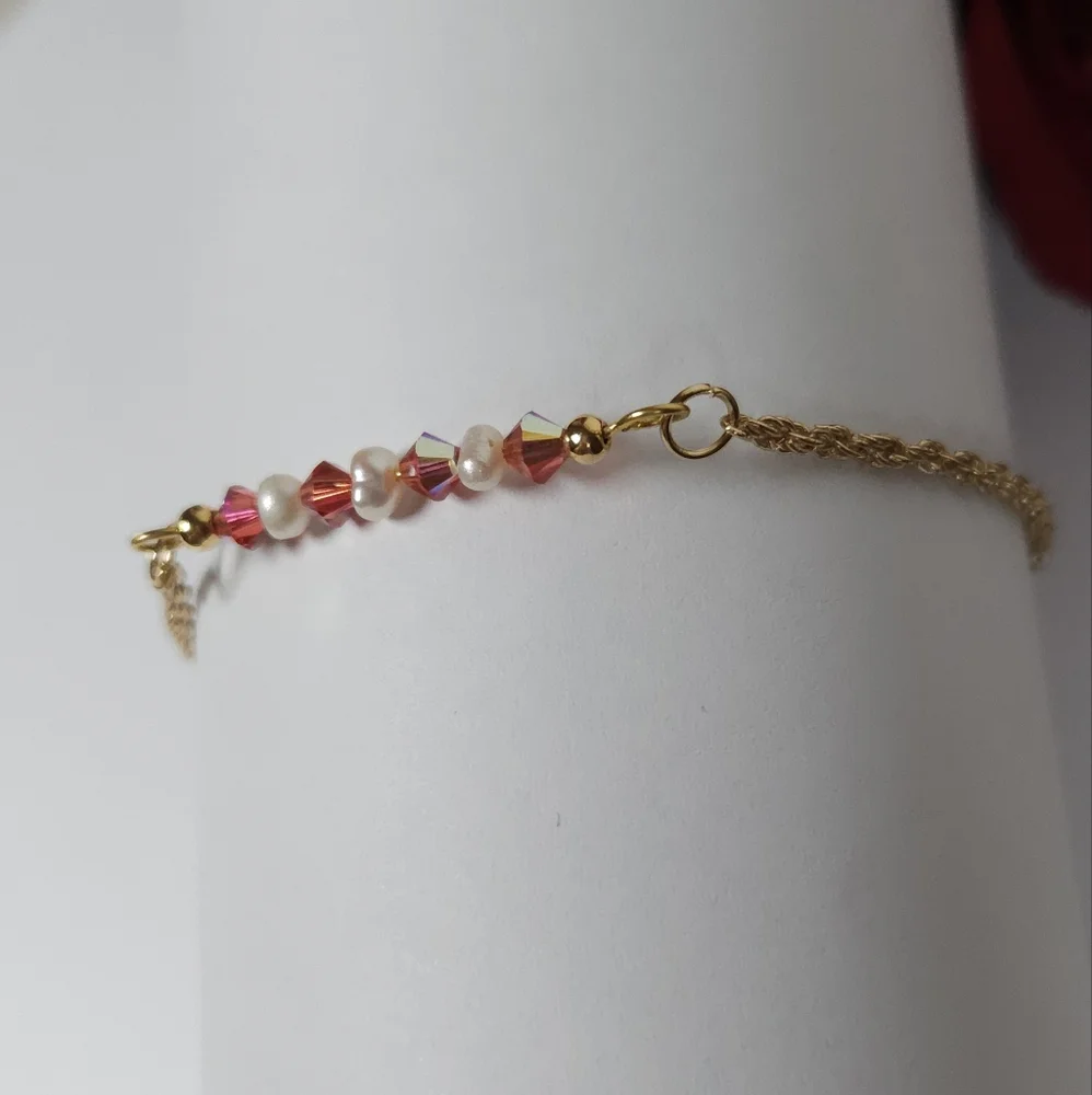 Handmade White Pearl & Pink Peach AB Crystal Bar Gold Bracelet Rope Twist Chain